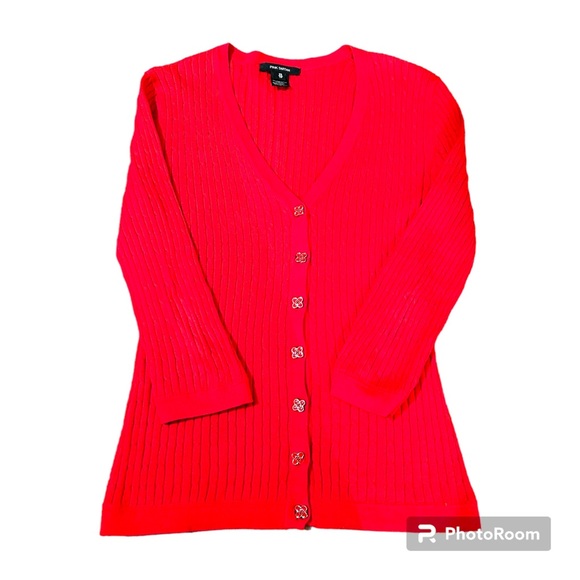 Pink Tartan Red Pima Cotton Ribbed Cardigan Enamel Floral Buttons Size XS - Picture 6 of 7
